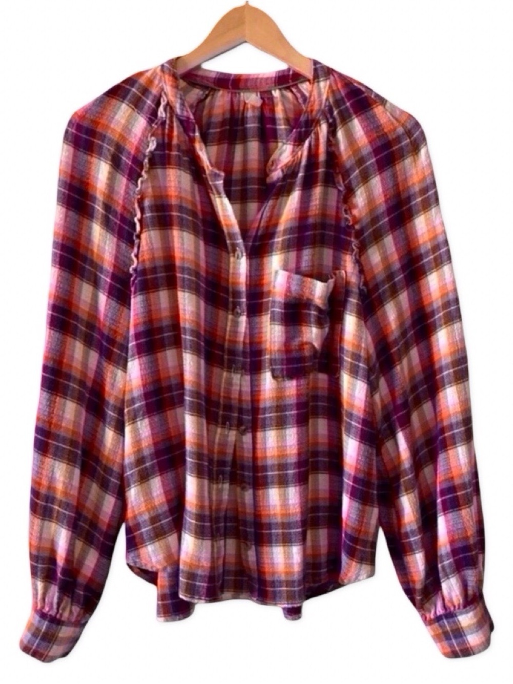 Pilcro x Anthropologie Plaid Gauze Cotton Blouse L | Ruffle Long Sleeve Top